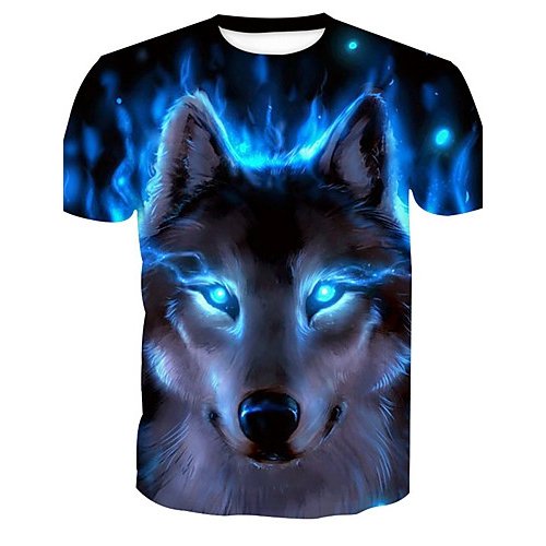 Men Daily Holiday Basic T-Shirt, Animal Wolf, Printed Round Collar, Short Sleeve