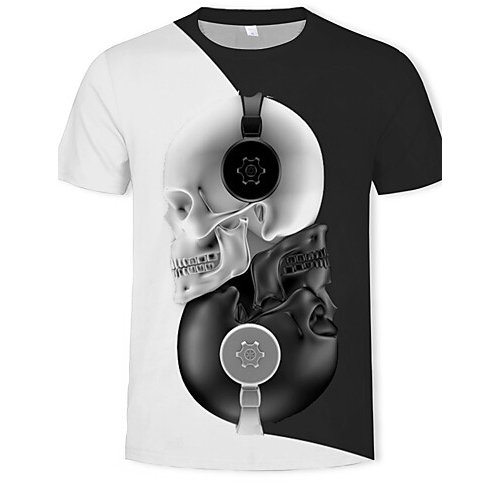 Men casual, daily fashion, exaggerated T-shirt, color matching, 3D, skull print round neck, short sleeves